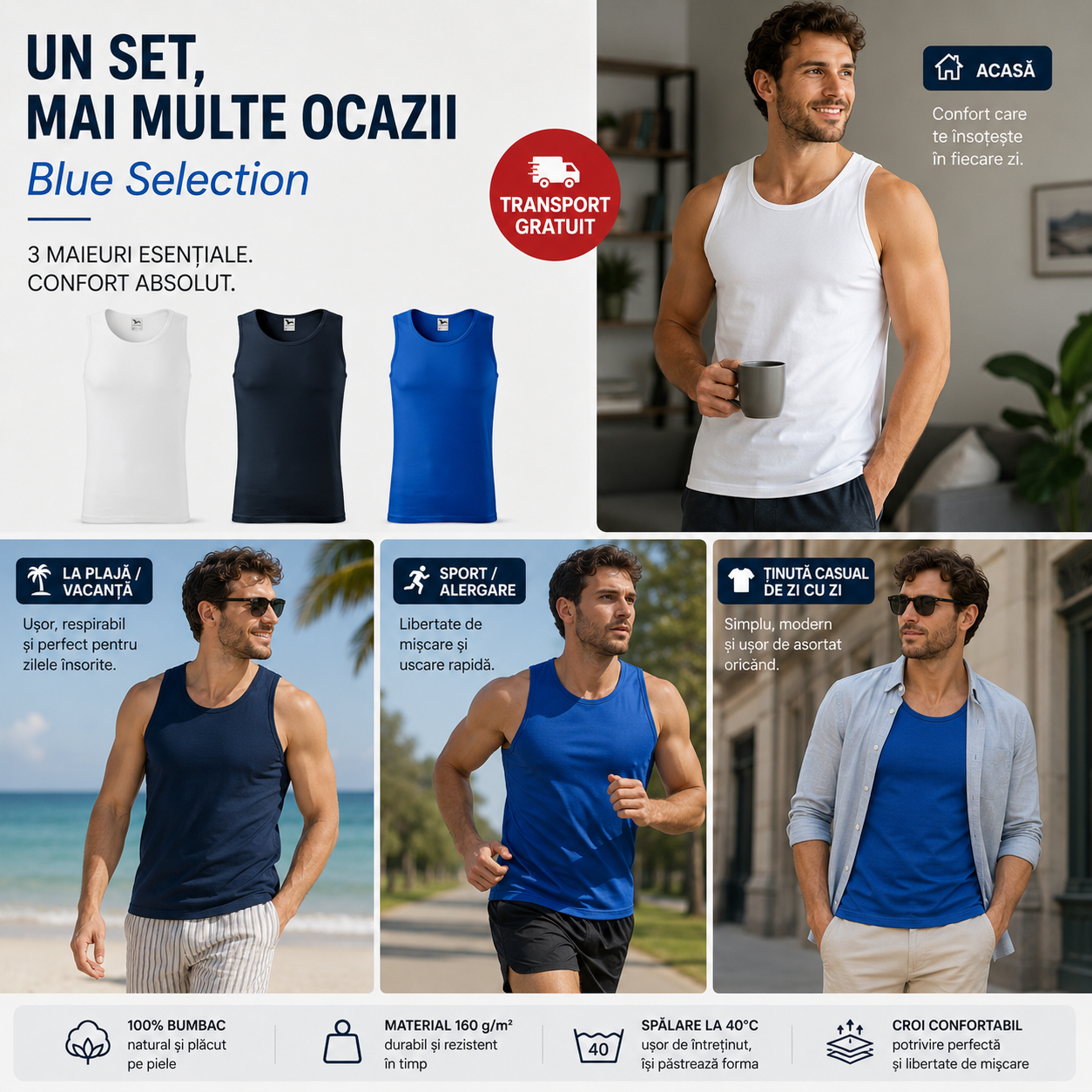 Set 3 maiouri bărbat Blue Selection alb albastru marin albastru regal 100% bumbac maieu sport tricou fără m&acirc;neci